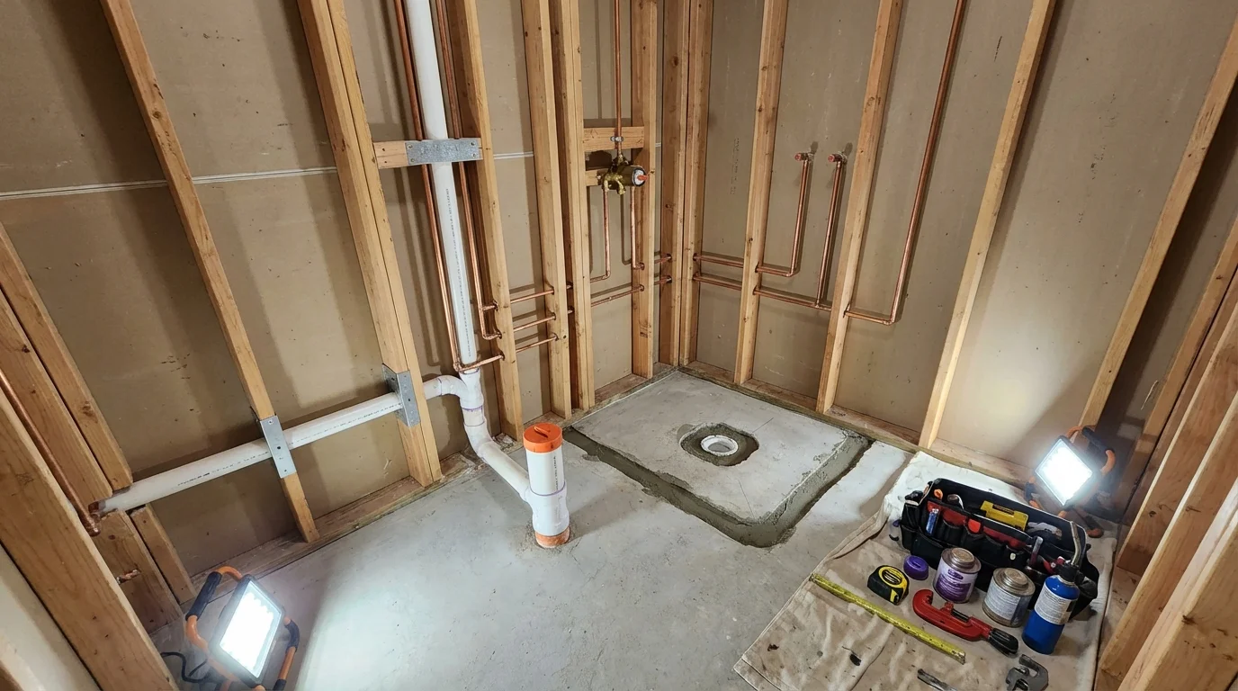 Bathroom rough-in plumbing during remodel by Johns Plumbing LLC in Accokeek