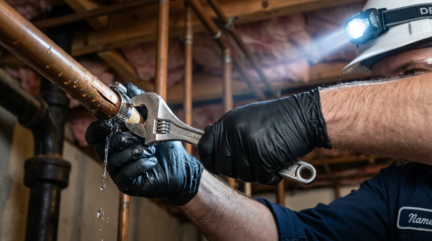 Emergency pipe clamp repair being performed by a Johns Plumbing LLC plumber in Accokeek