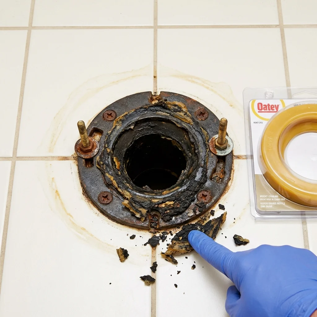 Failed wax ring showing water seepage at the base of a toilet in a Accokeek, MD home