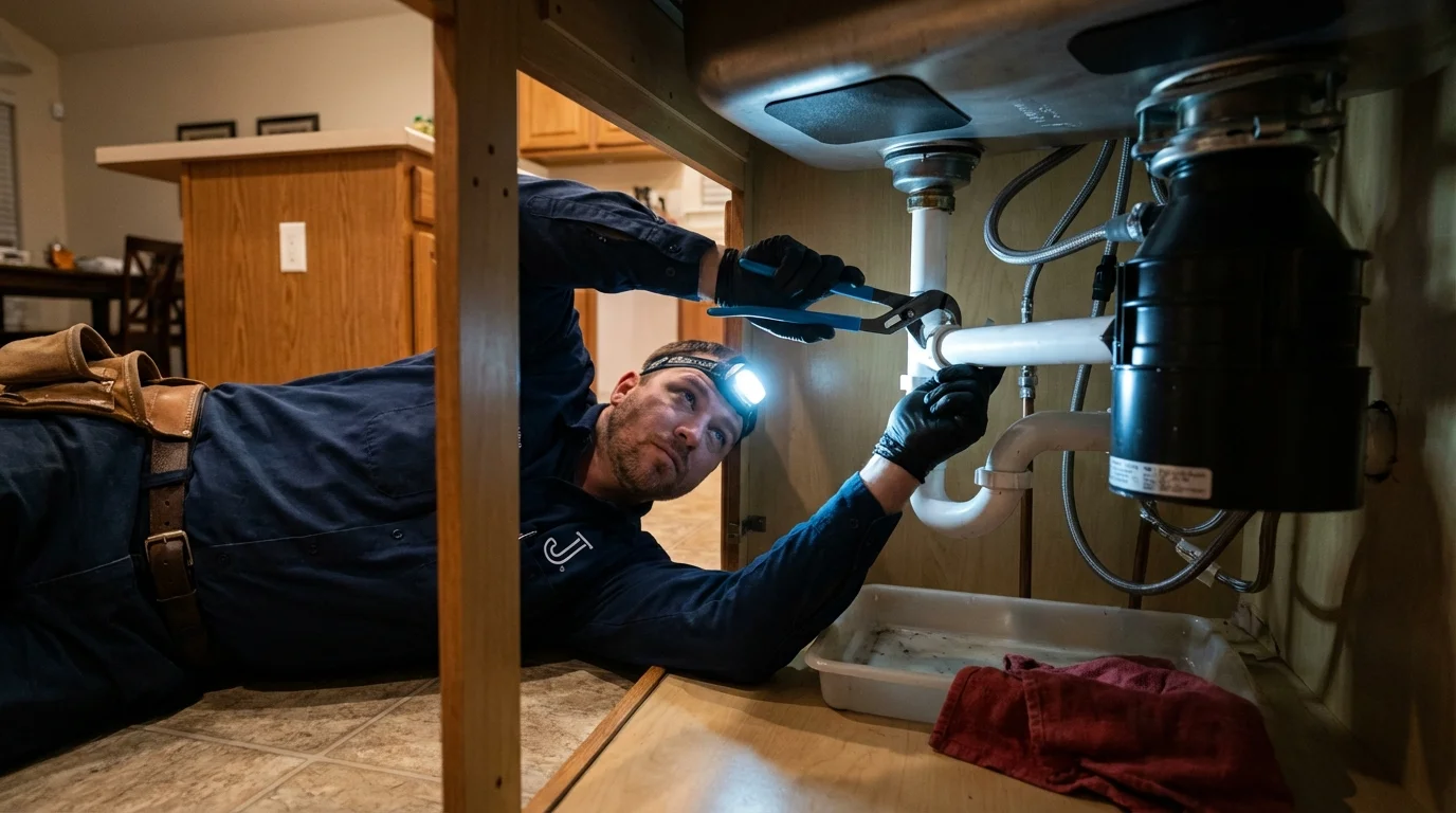 P-trap and supply line connections under a kitchen sink showing a common leak point in Accokeek, MD